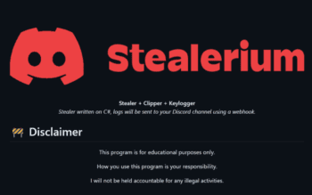 Roter Stealarium Schriftzug mit Logo und Disclaimer.