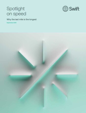 Das Bild präsentiert ein grafisches Design mit einem stilisierten Symbol, das Geschwindigkeit und Effizienz symbolisiert. Es steht im Kontext der neuen Regeln von Swift für grenzüberschreitende Zahlungen, die Transparenz und sofortige Abwicklung betonen.