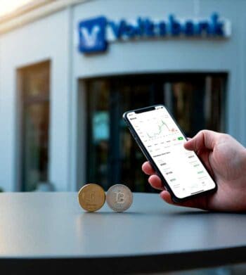 Eine Hand hält ein Smartphone, das eine Krypto-Handelsplattform zeigt. Vor dem Gerät liegen zwei Münzen, eine mit der Aufschrift „Bitcoin“. Im Hintergrund ist das Logo einer Volksbank sichtbar, was die Verbindung zu Volksbank Bitcoin verdeutlicht.