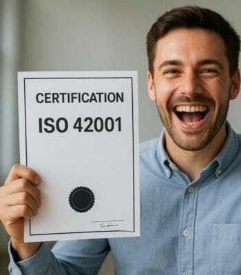 Ein Mann hält ein Zertifikat mit der Aufschrift „ISO 42001“ in der Hand und lächelt. Der Hintergrund ist unscharf, was den Fokus auf das Zertifikat und die positive Ausstrahlung des Mannes lenkt.