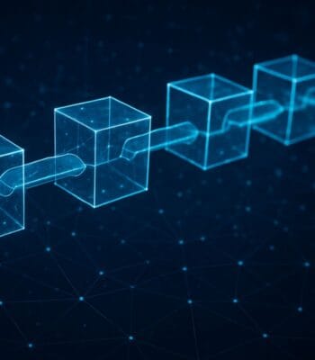 Die Abbildung illustriert eine digitale Darstellung von Blöcken, die durch Verbindungen miteinander verknüpft sind. Diese Grafik symbolisiert die Technologie der Blockchain, die im Rahmen des Projekts von Cashlink, Finexity und Tangany auf der Stellar-Blockchain genutzt wird.