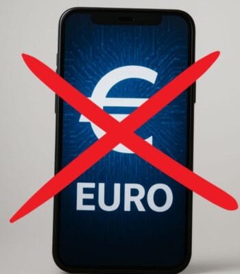 Ein Smartphone zeigt ein grafisches Bild eines Euro-Symbols, das durch ein rotes Kreuz überlagert ist. Diese Darstellung könnte die Ablehnung oder Skepsis gegenüber dem Konzept des digitalen Euro symbolisieren, während alternative Zahlungsmethoden wie Wero gefordert werden.