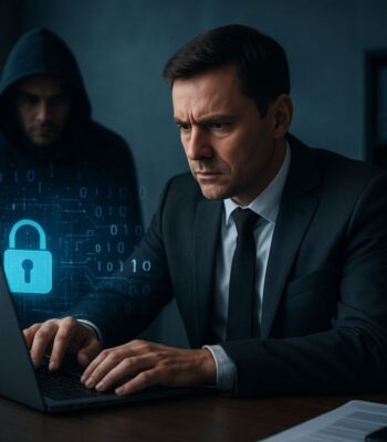 Ein Mann in einem Anzug arbeitet konzentriert an einem Laptop. Im Hintergrund ist eine Person mit Kapuze zu sehen. Grafische Elemente symbolisieren Cyber-Sicherheit. Das Bild thematisiert Cyber-Versicherungen und die Herausforderungen im Bereich e-crime.