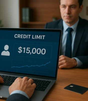 Ein Laptop zeigt einen Kreditlimit von 15.000 USD und eine grafische Darstellung von Kreditverläufen. Im Hintergrund sitzt ein Mann in formeller Kleidung, der auf den Bildschirm blickt. Swisscard nutzt solche Technologien zur Entscheidungsfindung im Kreditrisiko.
