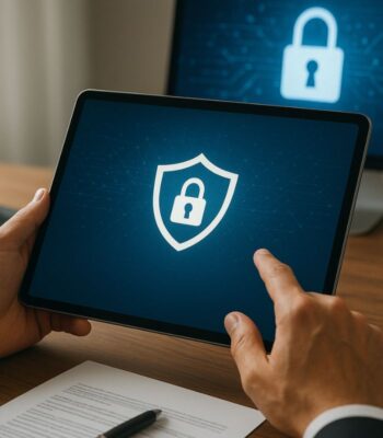 Ein Tablet mit einem Symbol für Cybersicherheit ist im Vordergrund abgebildet. Im Hintergrund ist ein Computerbildschirm mit einem ähnlichen Symbol zu sehen. Diese Darstellung unterstreicht die Relevanz der Cyberversicherung im digitalen Zeitalter.