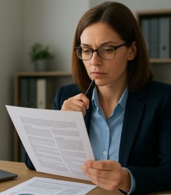 Eine Person mit Brille und professioneller Kleidung analysiert aufmerksam Dokumente. Auf dem Tisch liegen weitere Unterlagen. Der Fokus liegt auf der sorgfältigen Prüfung von Informationen, die für den Underwriting-Prozess relevant sind.