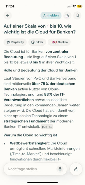Die Abbildung thematisiert die zentrale Bedeutung der Cloud für Banken, die auf einer Skala von 1 bis 10 mit 8,9 bewertet wird. Über 75 % der deutschen Banken nutzen aktiv Cloud-Technologien, was deren strategische Relevanz unterstreicht.