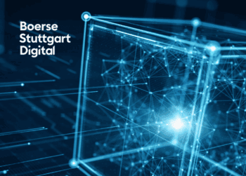 Boerse Stuttgart Digital Schriftzug vor bläulicher Kryptografik.