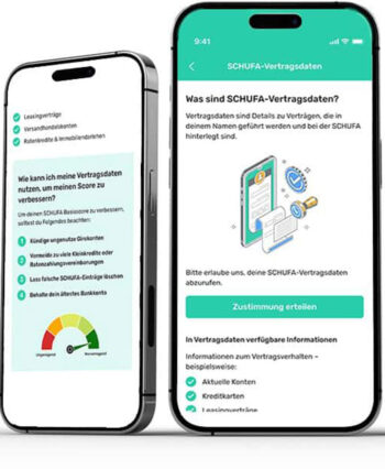 Zwei Smartphones zeigen die Benutzeroberfläche der Bonify-App, die Informationen zu SCHUFA-Vertragsdaten bereitstellt. Die App bietet Hinweise zur Verbesserung des SCHUFA-Scores und zur Verwaltung von Verträgen. Ein Zustimmungsbutton zur Datennutzung ist sichtbar.