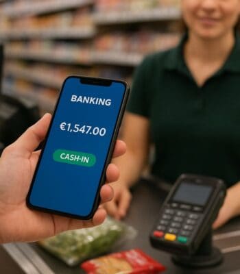 Ein Smartphone zeigt eine App mit einem Kontostand von 1.547,00 Euro und der Option „CASH-IN“. Im Hintergrund ist eine Kassiererin in einem Supermarkt zu sehen. Diese Funktion ermöglicht BBVA-Kunden die Bargeldeinzahlung beim Einkaufen.