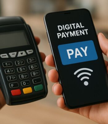 Ein Smartphone zeigt die Option für digitale Zahlungen mit der Aufschrift "PAY". Neben dem Smartphone befindet sich ein Kartenlesegerät. Diese Technologien unterstützen moderne Zahlungsverkehrslösungen, einschließlich der Integration von Swift für internationale Transaktionen.