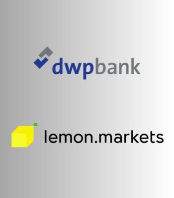 Die Logos von dwpbank und lemon.markets sind auf einem grauen Hintergrund abgebildet. Das Logo der dwpbank ist in Blau und Grau gehalten, während das Logo von lemon.markets in Gelb und Schwarz erscheint.