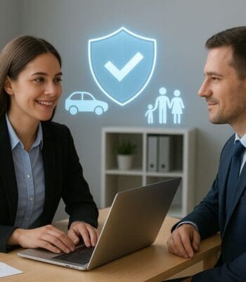 Zwei Personen befinden sich in einem Gespräch, während sie an einem Laptop arbeiten. Über ihnen sind Symbole für Versicherungsschutz, ein Auto und eine Familie dargestellt. Inveda unterstützt Versicherungsmakler durch digitale Lösungen.