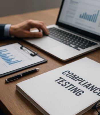 Auf einem Tisch befinden sich ein Laptop, ein Notizblock mit Diagrammen und ein Dokument mit der Aufschrift "COMPLIANCE TESTING". Diese Elemente stehen im Kontext der neuen PCI-Compliance-Pakete von Outpost24 zur Unterstützung von Unternehmen.