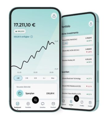 Die Abbildung zeigt zwei Smartphones, die eine Finanz-App präsentieren. Auf dem Bildschirm sind ein Portfolio mit einem Gesamtwert von 17.211,10 € und verschiedene ETFs im Kontext des ETF-Handels sichtbar. Grafiken und Zahlen verdeutlichen die Performance der Investments.