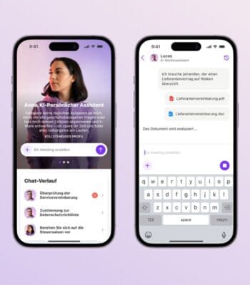 Die Abbildung zeigt zwei Smartphone-Bildschirme. Links ist Anna, der KI-Persönliche Assistent, abgebildet, während rechts Lucas, der KI-Rechtsassistent, Informationen zu einem Lieferantenvertrag analysiert. Beide unterstützen Nutzer durch KI-Assistenten in ihren geschäft