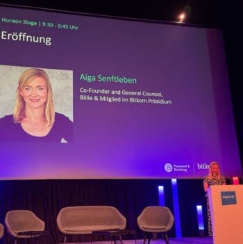 Aiga Senftleben, Co-Founder und General Counsel von Billie sowie Mitglied im Bitkom Präsidium, eröffnet die DigiFin25. Auf der Horizon Stage wird die aktuelle Situation der FinTech-Branche thematisiert, unterstützt durch Bitkom-Daten.