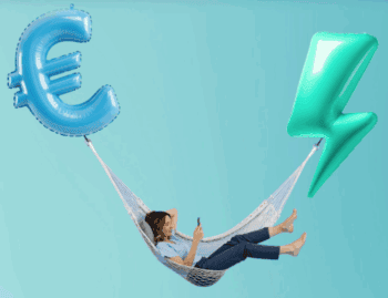 Savin Grafik zu der Embedded Finance Lösung von Evergreen zeigt eine Frau in einer Hängematte die an einem Euro Zeichen und einem Blitz Zeichen Luftballon hängt.