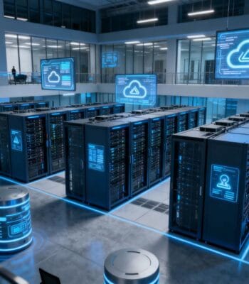 In einer modernen Serverumgebung sind mehrere Serverracks mit blauen Lichtern und digitalen Anzeigen zu sehen. Diese Infrastruktur verdeutlicht die Herausforderungen von Datensilos, die den Aufbau effektiver KI-Modelle behindern.