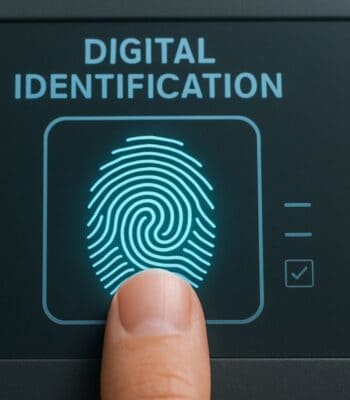 Eine digitale Identifikationsoberfläche wird dargestellt, auf der ein Fingerabdruck abgebildet ist. Diese Technologie ist relevant für die Identitätsprüfung und wird von Unternehmen wie Signicat genutzt, um sichere digitale Identitäten zu gewährleisten.