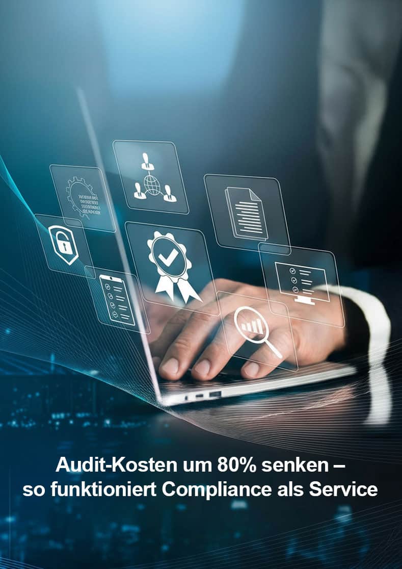 Eine Hand tippt auf einer Laptop-Tastatur, während digitale Icons zu Themen wie Sicherheit, Zertifizierung und Datenanalyse angezeigt werden. Diese Darstellung verdeutlicht die Integration von Compliance in moderne Geschäftsprozesse zur Kostenreduktion.