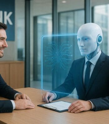 Ein Mensch und ein KI-Agenten interagieren an einem Tisch in einem modernen Büro. Der KI-Agent, humanoid gestaltet, zeigt eine digitale Schnittstelle mit Schaltkreisen. Der Mensch wirkt interessiert und aufmerksam. KI-Agenten werden zunehmend im Kundenservice eingesetzt.