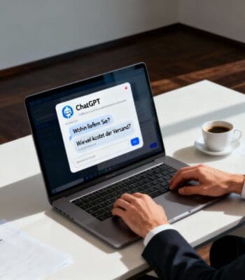 Ein Laptop mit geöffneter ChatGPT-Anwendung zeigt Fragen zu Lieferort und Versandkosten. Eine Hand tippt auf der Tastatur, während eine Tasse Kaffee auf dem Tisch steht. Die Integration von KI in Payment-Prozesse wird angedeutet.