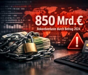 Eine Kette mit einem Schloss umschließt Geldscheine, während im Hintergrund eine Weltkarte und Grafiken zu sehen sind. Die Zahl „850 Mrd. €“ und der Hinweis auf Rekordverluste durch Betrug 2024 verdeutlichen die Dimension des Scam-Problems.