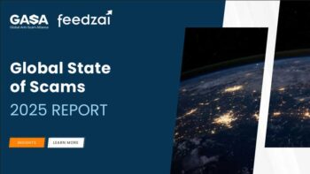 Die Grafik präsentiert den Titel "Global State of Scams 2025 REPORT" von GASA und Feedzai. Sie illustriert eine Weltansicht mit beleuchteten Städten, was die globale Dimension von Scam-Aktivitäten verdeutlicht. Der Fokus liegt auf der Analyse von Betrugsfällen