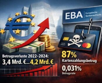 Der Bericht der EBA und EZB thematisiert Betrug im Zahlungsverkehr, insbesondere bei Kartenzahlungen. Die Grafik illustriert Betrugsverluste von 3,4 bis 4,2 Milliarden Euro zwischen 2022 und 2024 sowie eine Betrugsrate von 0