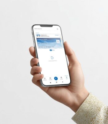 Die Abbildung zeigt ein Smartphone, auf dem die VR Banking App der GFG geöffnet ist. Die digitale Girocard ist sichtbar, was die Integration der NFC-Schnittstelle von Apple verdeutlicht.