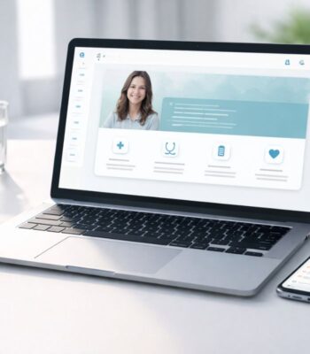 Auf einem Laptop ist eine Benutzeroberfläche einer Software zu sehen, die Funktionen der betrieblichen Krankenversicherung (bKV) präsentiert. Die Neodigital Plattform zeigt Symbole für Gesundheitsdienste und eine Abbildung einer Person, die freundlich wirkt.