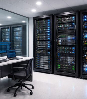 In einem modernen Serverraum sind mehrere IT-Safes sichtbar, die mit zahlreichen Servern ausgestattet sind. Ein Schreibtisch mit einem Computer und einem Bürostuhl befindet sich im Vordergrund. Die Beleuchtung ist hell und gleichmäßig.