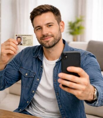 Ein Mann hält einen Ausweis in der linken Hand und ein Smartphone in der rechten Hand. Er posiert lächelnd vor einer hellen, modernen Inneneinrichtung. Diese Darstellung könnte im Kontext der sicheren Kundenidentifizierung durch Solaris relevant sein.