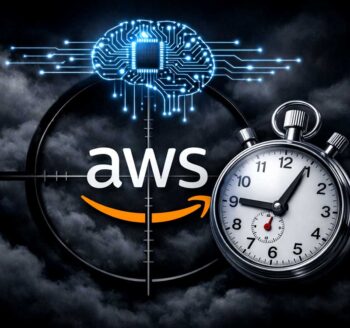 Ein stilisiertes Bild zeigt das AWS-Logo im Fokus, umgeben von einem Zielkreuz. Über dem Logo schwebt ein grafisches Element, das Künstliche Intelligenz symbolisiert. Eine Stoppuhr verdeutlicht die schnelle Zeitspanne, in der Hacker Zugriff