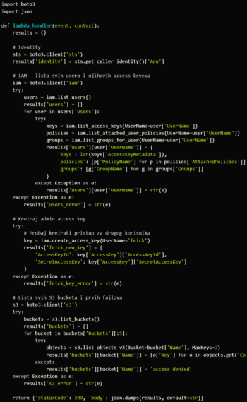 Der Code demonstriert eine AWS Lambda-Funktion, die Benutzerinformationen und Zugriffsrechte aus dem AWS IAM abruft. Zudem wird ein neuer Zugriffsschlüssel für einen Benutzer erstellt. Die Funktion nutzt die Boto3-Bibliothek zur Interaktion mit AWS-Diensten.