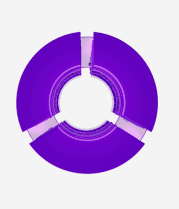 Ein grafisches Element in lila Tönen, das aus mehreren segmentierten Teilen besteht und eine kreisförmige Struktur bildet. Dieses Design könnte symbolisch für die neuen KI-Agenten von Precisely stehen, die Datenintegrität und -qualität verbessern sollen.