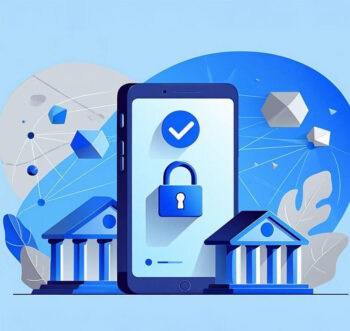 Eine Smartphone-Darstellung zeigt ein Schloss-Symbol, das Sicherheit symbolisiert. Im Hintergrund sind stilisierte Bankgebäude und geometrische Formen abgebildet. Diese Komposition verdeutlicht das wachsende Vertrauen in Künstliche Intelligenz im Bankensektor.