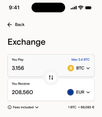 Das Bild zeigt eine Benutzeroberfläche für den Austausch von Kryptowährungen. Es sind Angaben zu einer Transaktion in Bitcoin und Euro zu sehen, die für Deblock von Bedeutung sein könnten.