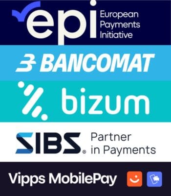 Das Bild präsentiert verschiedene Logos von Zahlungslösungen, darunter EPI (European Payments Initiative), Bancomat, Bizum, SIBS und Vipps MobilePay. Diese Marken repräsentieren paneuropäische Ansätze zur Zahlungsabwicklung.