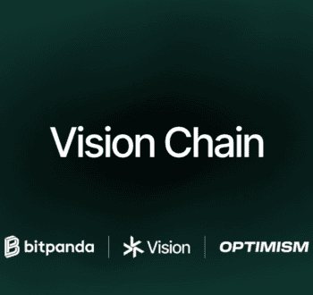 Die Darstellung umfasst das Logo von Bitpanda sowie die Begriffe „Vision Chain“ und „OPTIMISM“. Diese Elemente repräsentieren eine innovative Verbindung zwischen Finanzinstituten und einer regulierten Blockchain-Infrastruktur, die durch die Vision Chain ermöglicht wird.