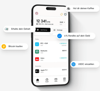 Die Abbildung zeigt die Benutzeroberfläche der Deblock-App, die Funktionen wie Gehaltseingang, Bitcoin-Kauf und eine Rendite von 6 % auf Guthaben anzeigt. Nutzer können Transaktionen und Kontoinformationen verwalten.