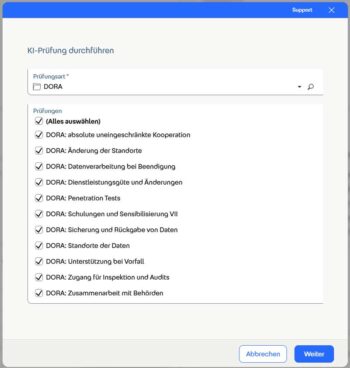 Die Benutzeroberfläche zeigt eine Auswahl an Prüfungen zur KI-gestützten Analyse von IKT-Verträgen im Kontext von Fabasoft Dora. Die Checklisten ermöglichen die Überprüfung der Einhaltung der DORA-Vorgaben und identifizieren potenzielle Risiken.