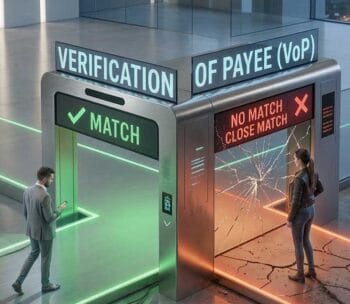 Das VOP Symbolbild illustriert die duale Realität der Verification of Payee (VOP): Links ein erfolgreicher Abgleich mit grünem Signal, rechts eine Fehlermeldung mit Riss, symbolisierend operative Herausforderungen und Nutzerprobleme seit der Einführung im Oktober 2025.