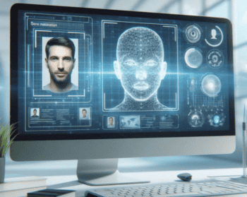 Auf dem Bildschirm ist eine Benutzeroberfläche für die Verifizierung von Identitäten abgebildet. Links ist ein Foto eines Mannes zu sehen, rechts eine digitale Darstellung eines Gesichts. JenID verbessert diese Technologie zur Identitätsprüfung.