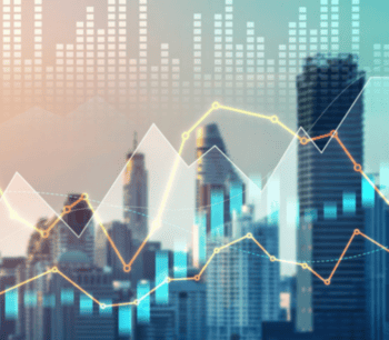 Eine grafische Darstellung von Finanzdaten ist im Vordergrund zu sehen, während im Hintergrund eine moderne Stadtlandschaft mit Hochhäusern abgebildet ist. Die Visualisierung umfasst Linien- und Balkendiagramme, die auf die Wertpapierabwicklung der Metzler-Gruppe hinweisen.