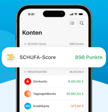 Die Abbildung zeigt die Benutzeroberfläche der Banking-App Outbank. Der SCHUFA-Score wird mit 898 von 999 Punkten angezeigt, ergänzt durch eine Übersicht der Privatkonten, einschließlich Girokonto, Tagesgeldkonto und Kreditkarte mit entsprechenden Beträgen.