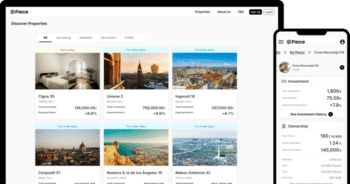 Die Abbildung zeigt eine digitale Plattform von Piece zur Präsentation tokenisierter Immobilieninvestments. Verschiedene Immobilien werden aufgelistet, einschließlich Standort, Investitionsbeträgen und erwarteten Renditen. Die Benutzeroberfläche ist sowohl für Desktop als auch mobile Geräte optimiert.