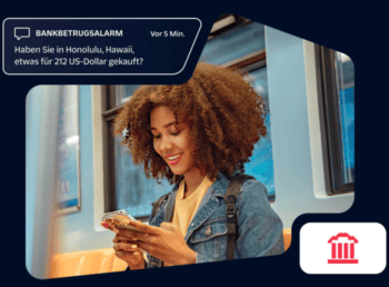 Eine Person mit lockigem Haar nutzt ein Smartphone in einem öffentlichen Verkehrsmittel. Auf dem Bildschirm erscheint eine Nachricht über einen möglichen Betrugsalarm. Twilio wird als Technologie hervorgehoben, die Banken bei der Kundenkommunikation unterstützt.