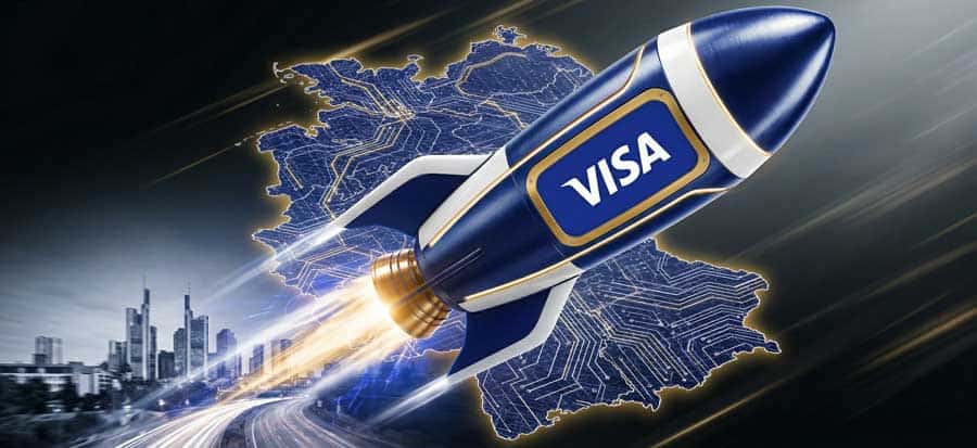 Eine Rakete mit dem Logo von Visa hebt vor einer stilisierten Karte Deutschlands ab. Im Hintergrund sind moderne Stadtlandschaften und digitale Elemente zu sehen, die auf technologische Fortschritte im Zahlungsverkehr hinweisen.